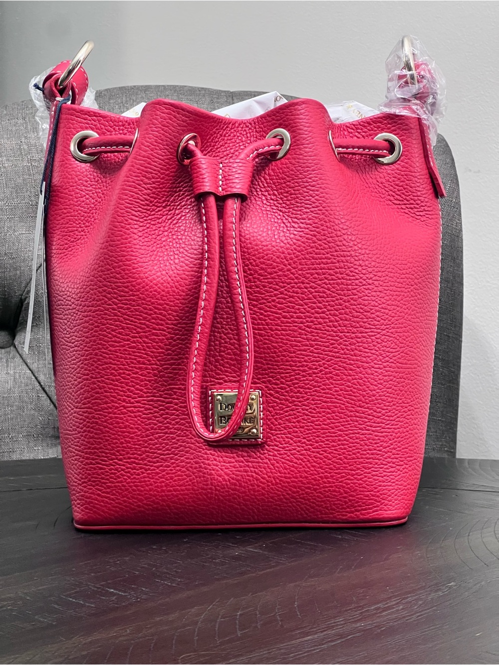 Dooney & Bourke Lucca Small Pebble Leather Drawstring Shoulder Bag Red
